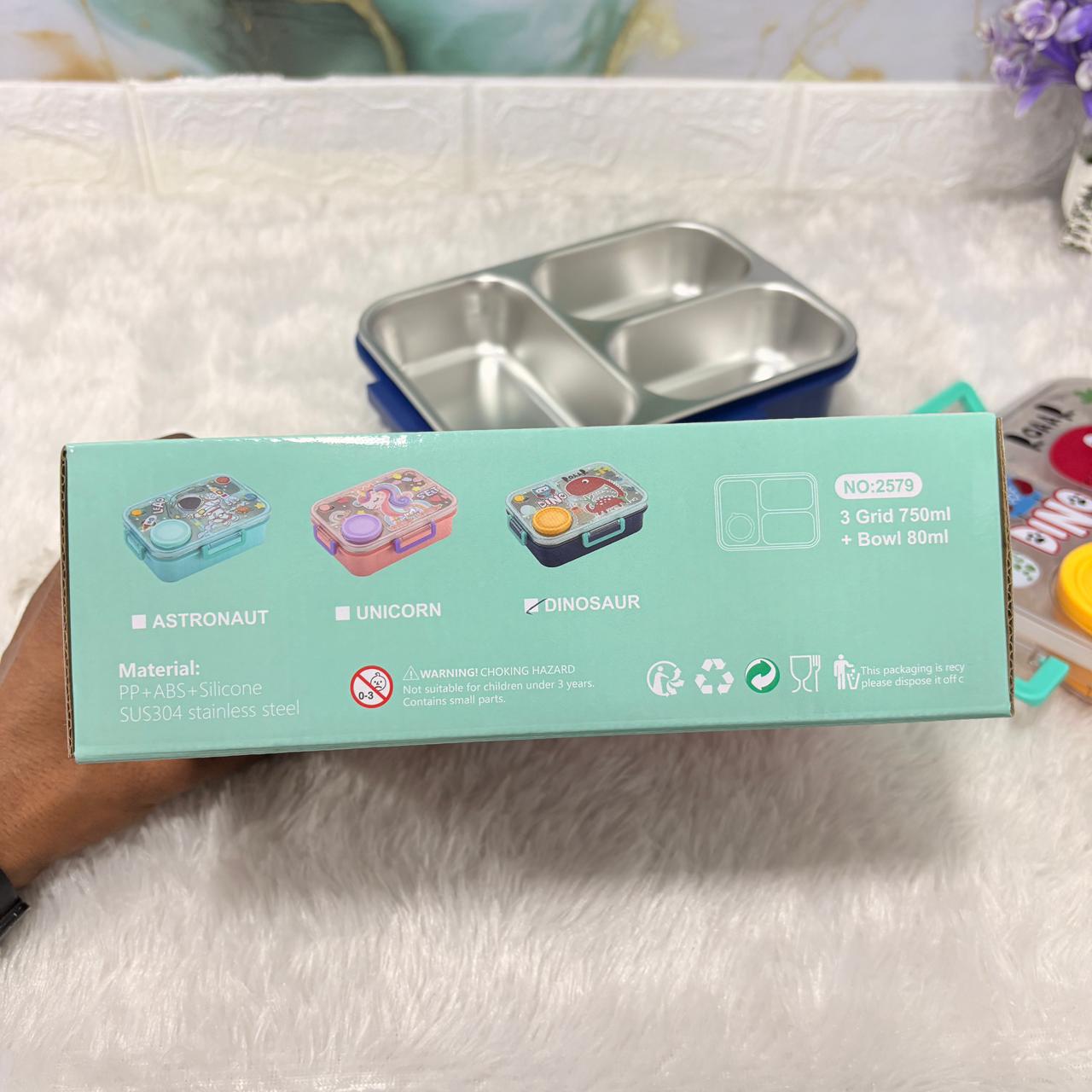 AM7371 Dino-Themed Multi-Compartment Kids' Lunch Box with Stainless Steel Interior and Insulated Soup Bowl