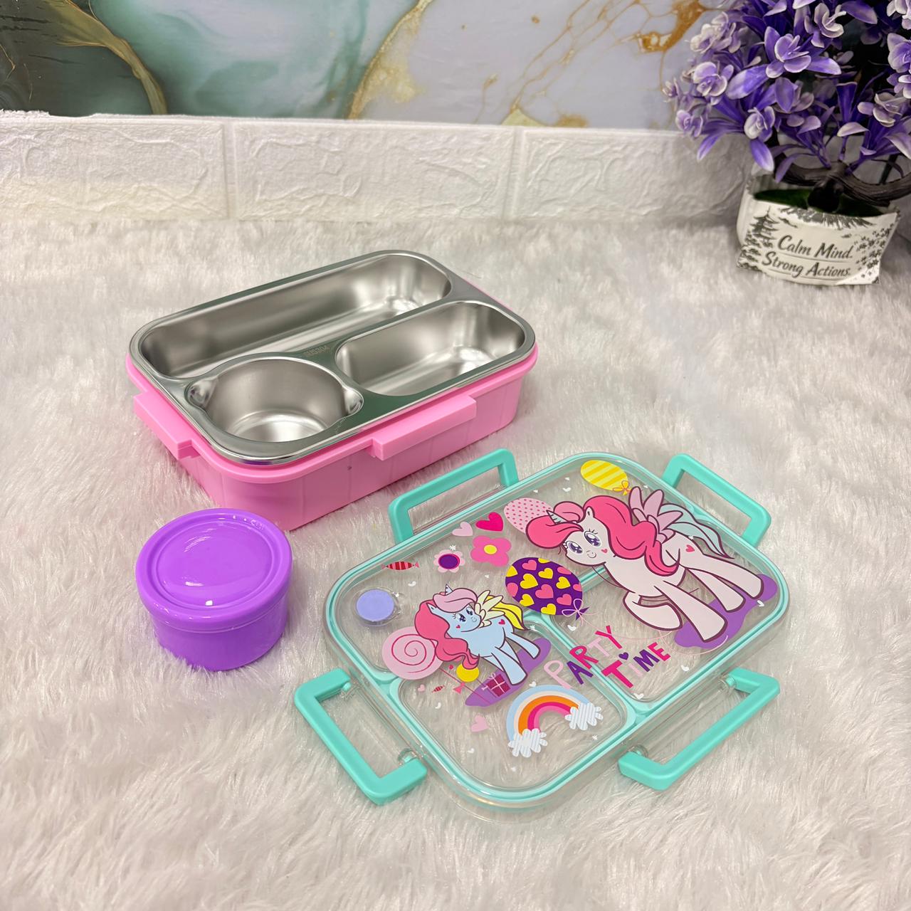AM7372 JC Kids’ Stainless Steel 3-Compartment Insulated Lunch Box with Unicorn Theme