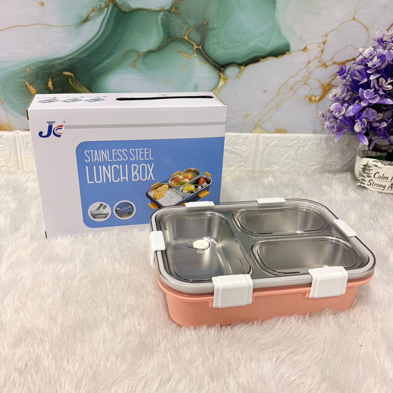 AM7373 JC Premium 3-Compartment Stainless Steel Leak-Proof Lunch Box (Peach/Pink)