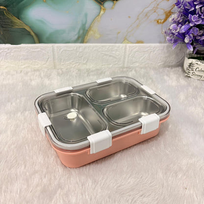 AM7373 JC Premium 3-Compartment Stainless Steel Leak-Proof Lunch Box (Peach/Pink)