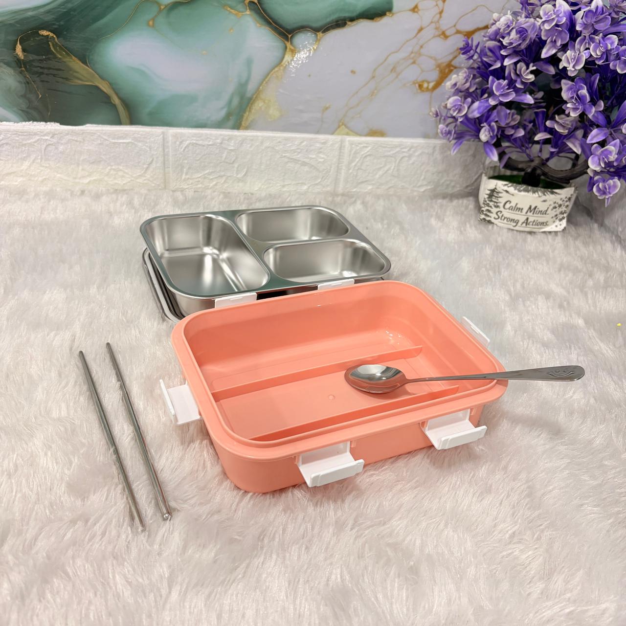 AM7373 JC Premium 3-Compartment Stainless Steel Leak-Proof Lunch Box (Peach/Pink)