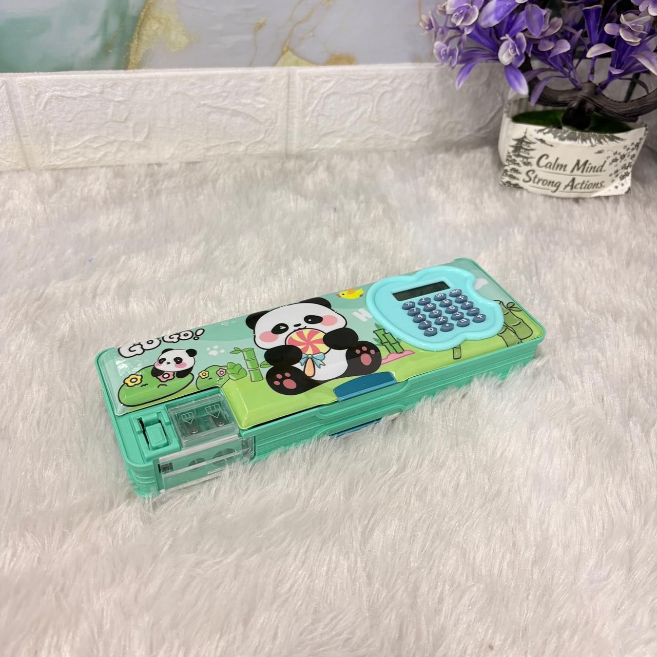 AM7376 Panda Theme Multi-Functional Magnetic Pencil Case with Integrated Calculator & Dual Sharpener
