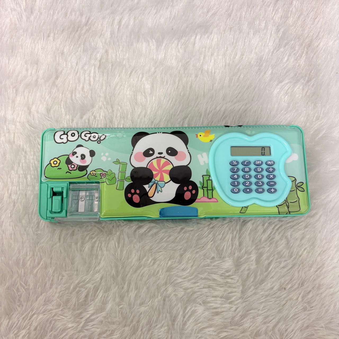 AM7376 Panda Theme Multi-Functional Magnetic Pencil Case with Integrated Calculator & Dual Sharpener