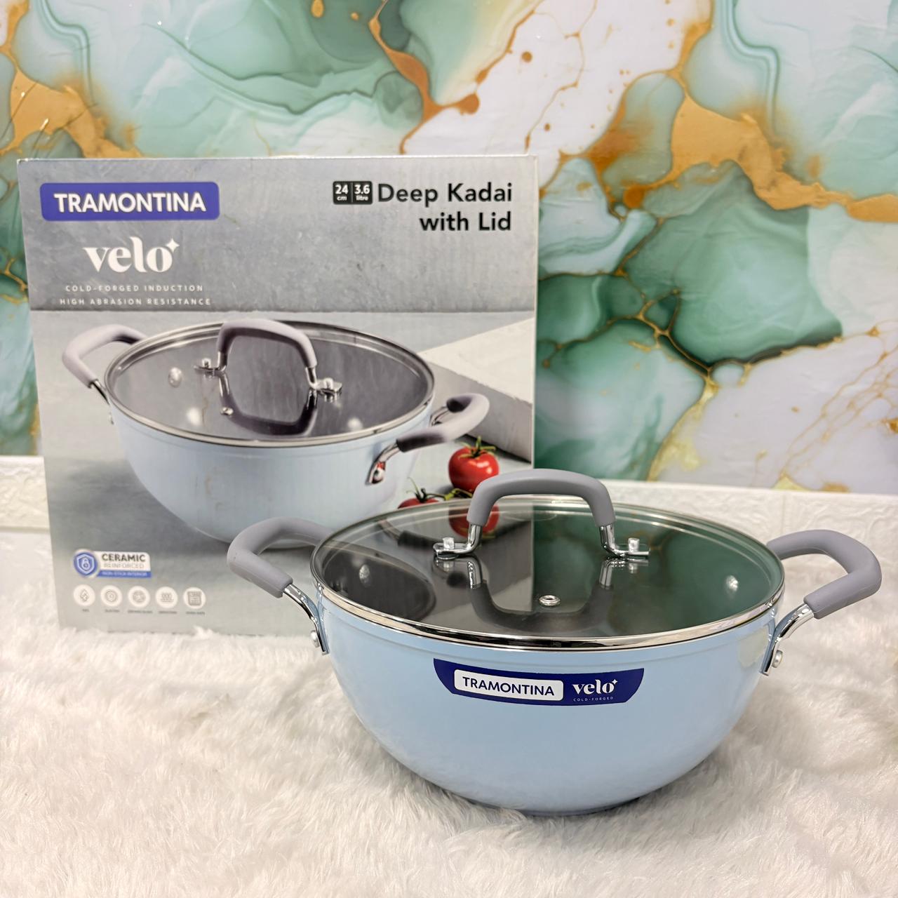 AM7387 Tramontina Velo 24 cm Forged Deep Kadai with Glass Lid - [Sea]