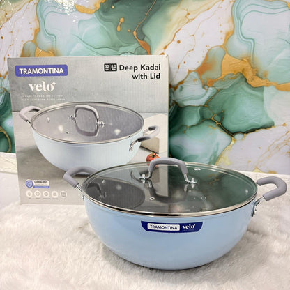 AM7389 Tramontina Velo 32cm Ceramic Non-Stick Deep Kadai with Glass Lid (Sea)