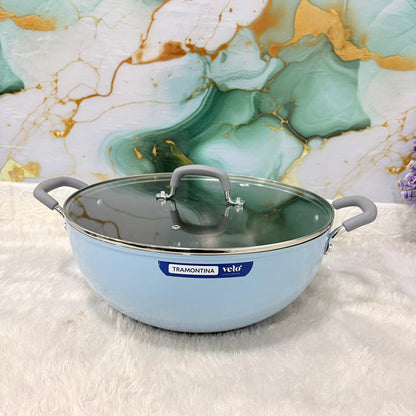 AM7389 Tramontina Velo 32cm Ceramic Non-Stick Deep Kadai with Glass Lid (Sea)