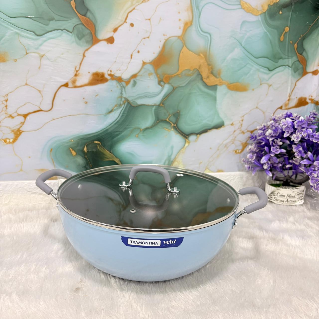 AM7389 Tramontina Velo 32cm Ceramic Non-Stick Deep Kadai with Glass Lid (Sea)