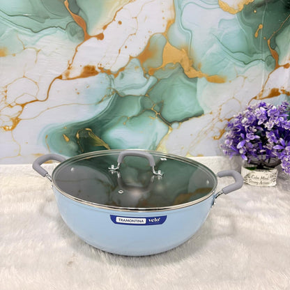 AM7389 Tramontina Velo 32cm Ceramic Non-Stick Deep Kadai with Glass Lid (Sea)