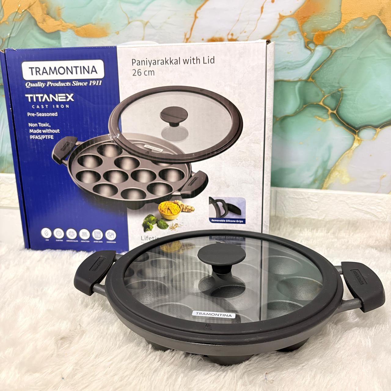 AM7403 Tramontina TITANEX Pre-Seasoned Cast Iron Paniyarakkal with Lid, 26 cm