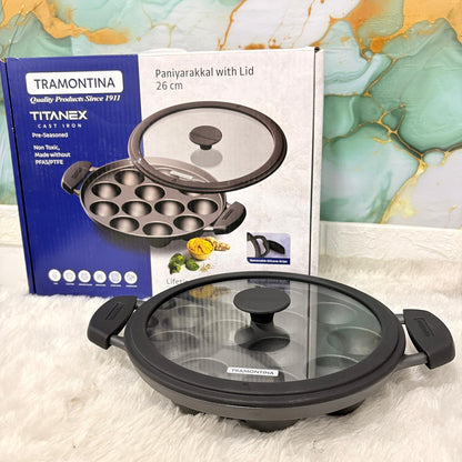 AM7403 Tramontina TITANEX Pre-Seasoned Cast Iron Paniyarakkal with Lid, 26 cm