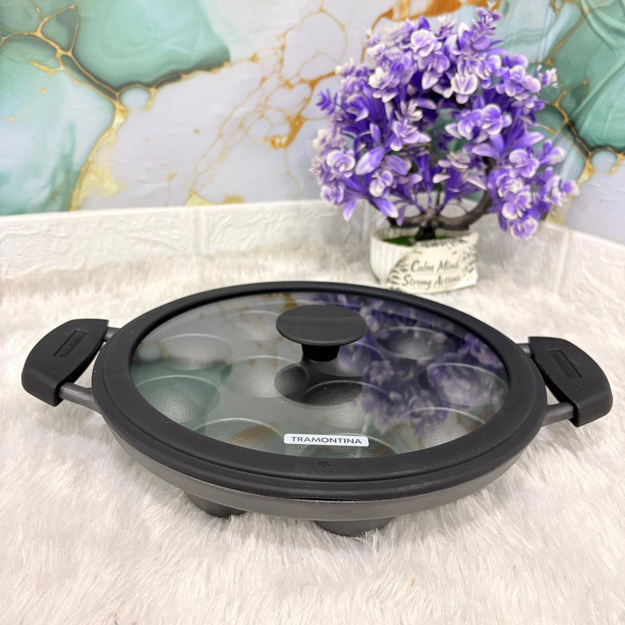 AM7403 Tramontina TITANEX Pre-Seasoned Cast Iron Paniyarakkal with Lid, 26 cm