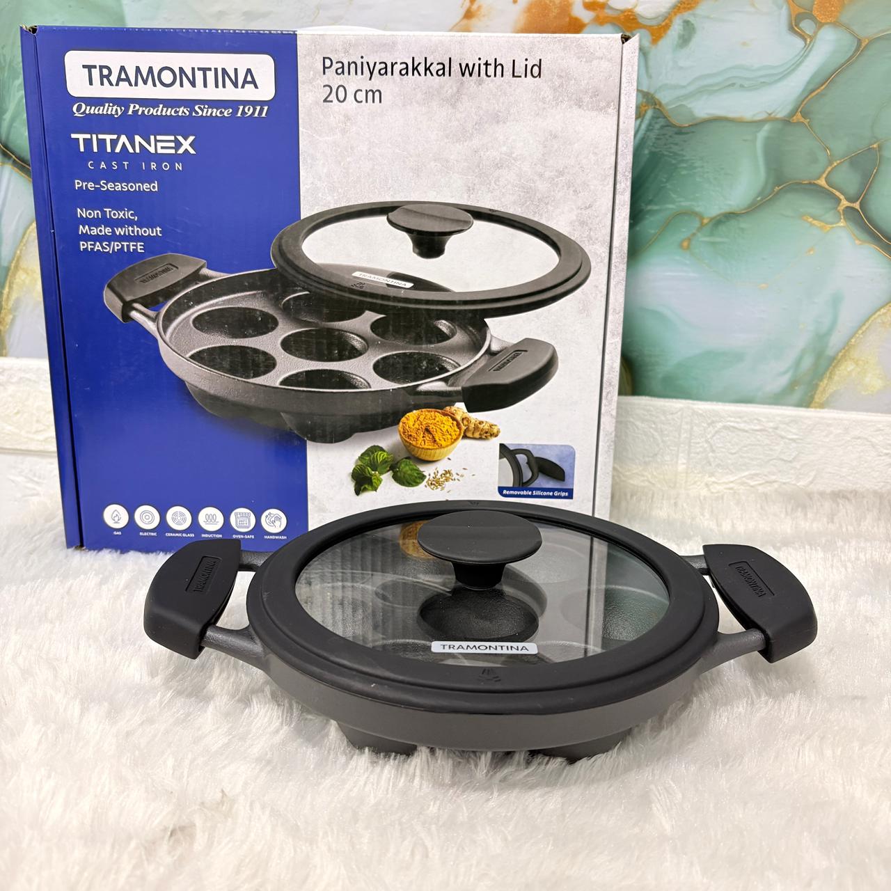 AM7404 Tramontina TITANEX Pre-Seasoned Cast Iron Paniyarakkal with Glass Lid (20 cm)