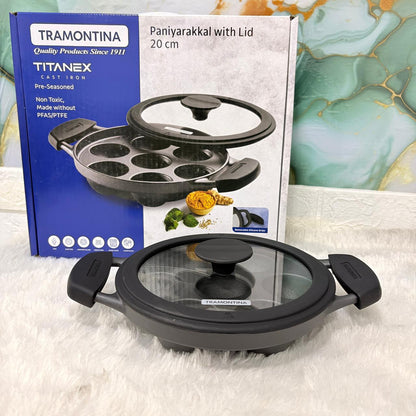 AM7404 Tramontina TITANEX Pre-Seasoned Cast Iron Paniyarakkal with Glass Lid (20 cm)