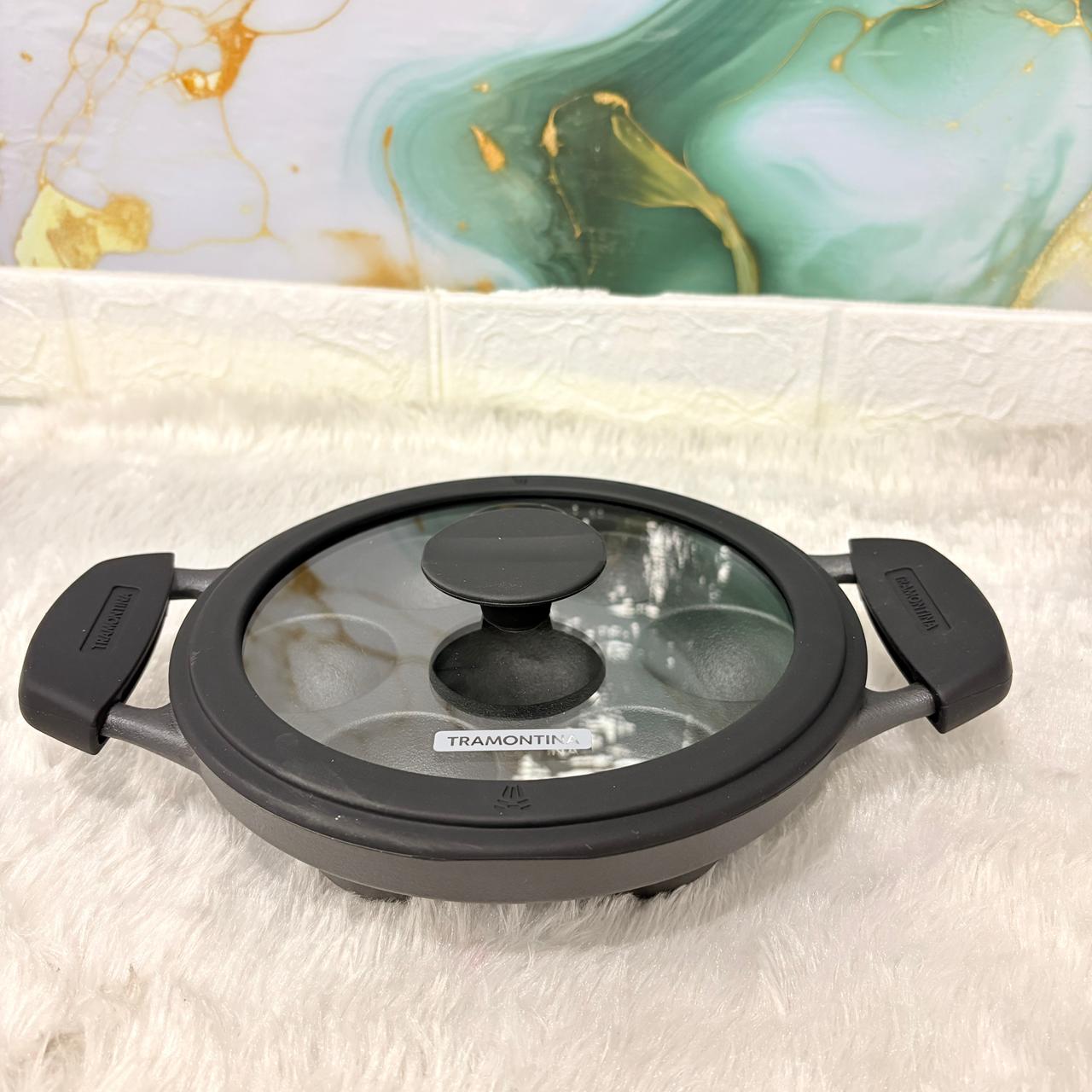 AM7404 Tramontina TITANEX Pre-Seasoned Cast Iron Paniyarakkal with Glass Lid (20 cm)