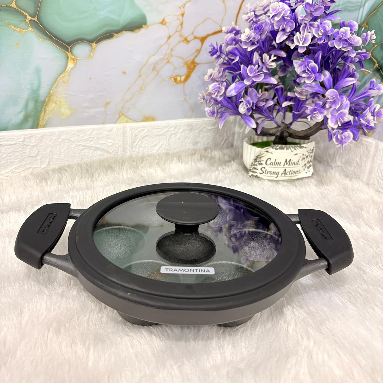 AM7404 Tramontina TITANEX Pre-Seasoned Cast Iron Paniyarakkal with Glass Lid (20 cm)