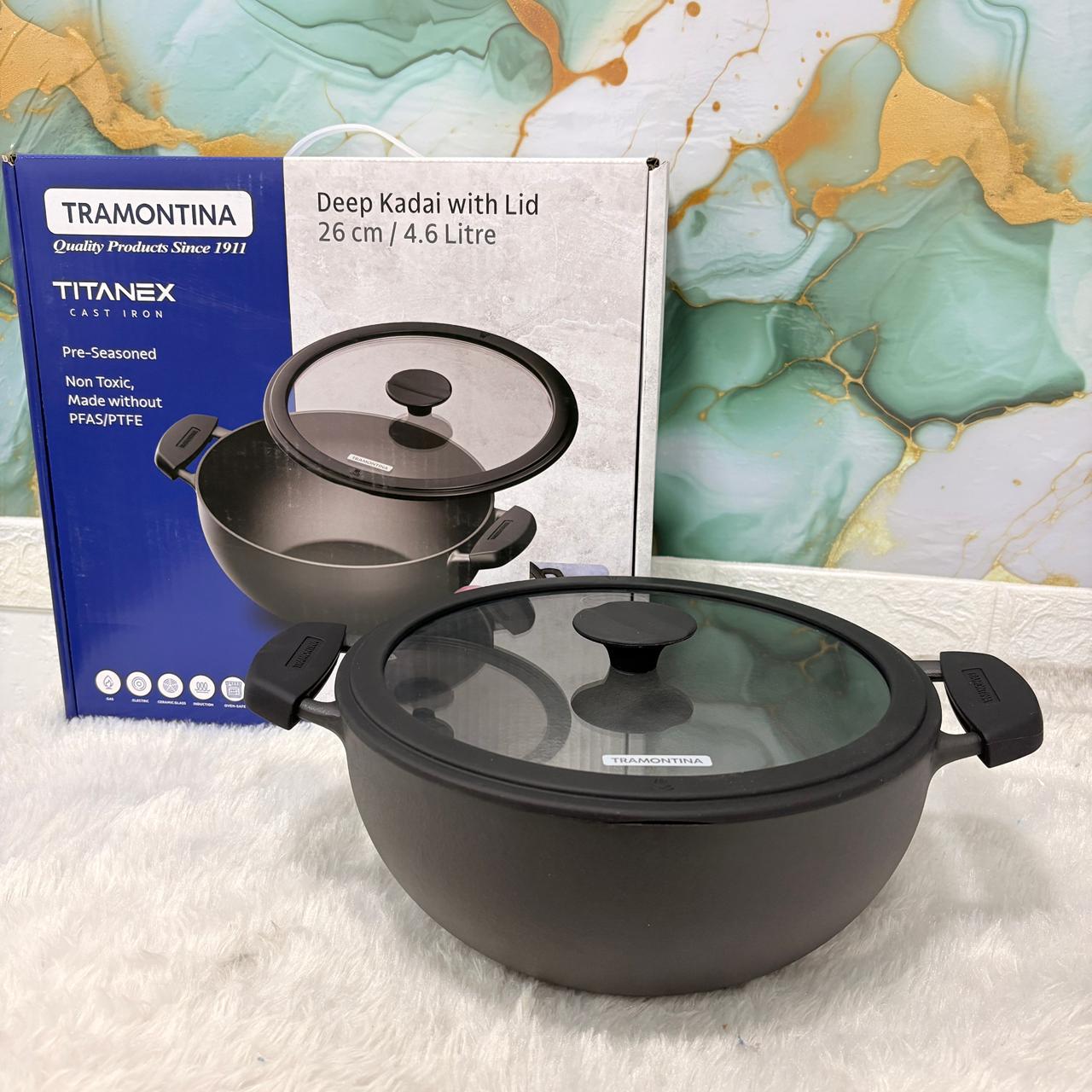 AM7407 Tramontina TITANEX Pre-Seasoned Cast Iron Deep Kadai with Lid (26 cm)