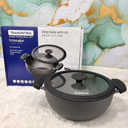 AM7412 Tramontina TITANEX Pre-Seasoned Cast Iron Deep Kadai with Lid (24 cm)