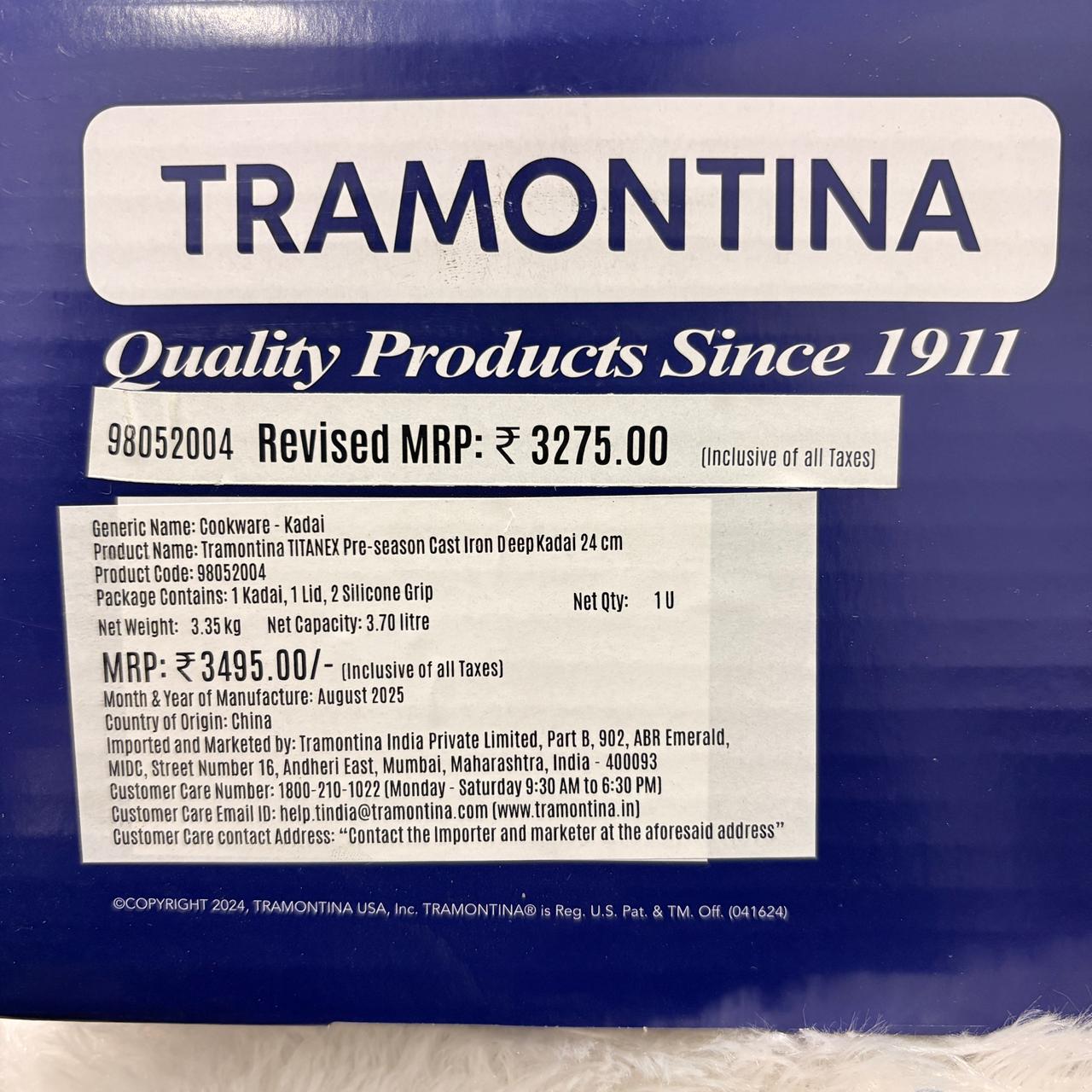 AM7412 Tramontina TITANEX Pre-Seasoned Cast Iron Deep Kadai with Lid (24 cm)
