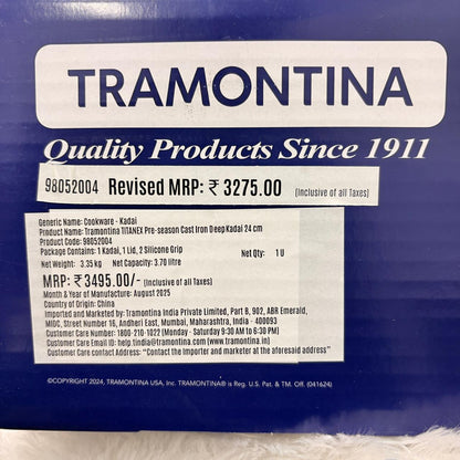 AM7412 Tramontina TITANEX Pre-Seasoned Cast Iron Deep Kadai with Lid (24 cm)