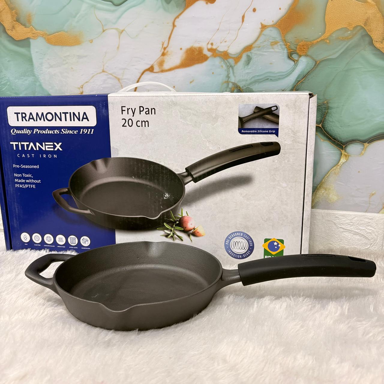 AM7413 Tramontina Titanex 20cm Pre-Seasoned Cast Iron Frypan with Silicone Grip