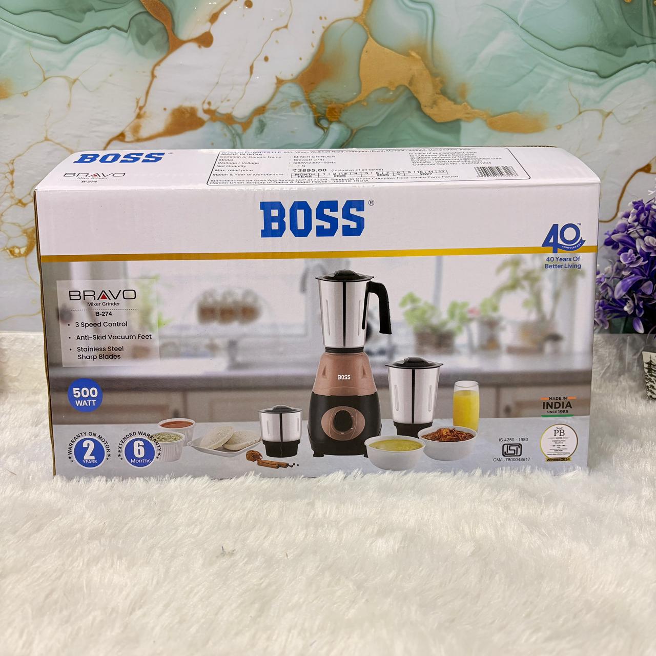 AM7427 BOSS Bravo B-274 500W Mixer Grinder with 3 Steel Jars