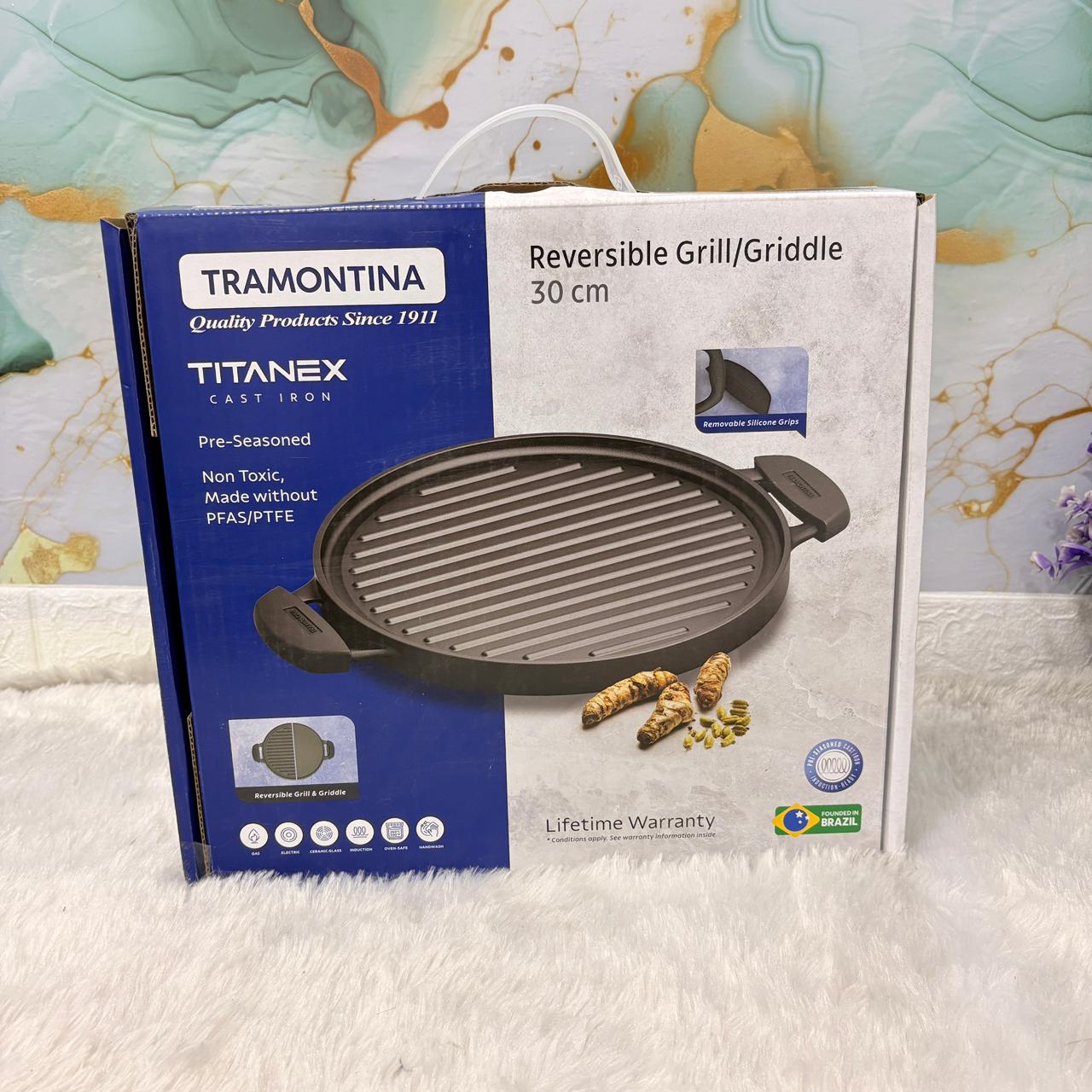 AM7405 Tramontina TITANEX Pre-Seasoned 2in1 Cast Iron Reversible Grill & Griddle - 30 cm