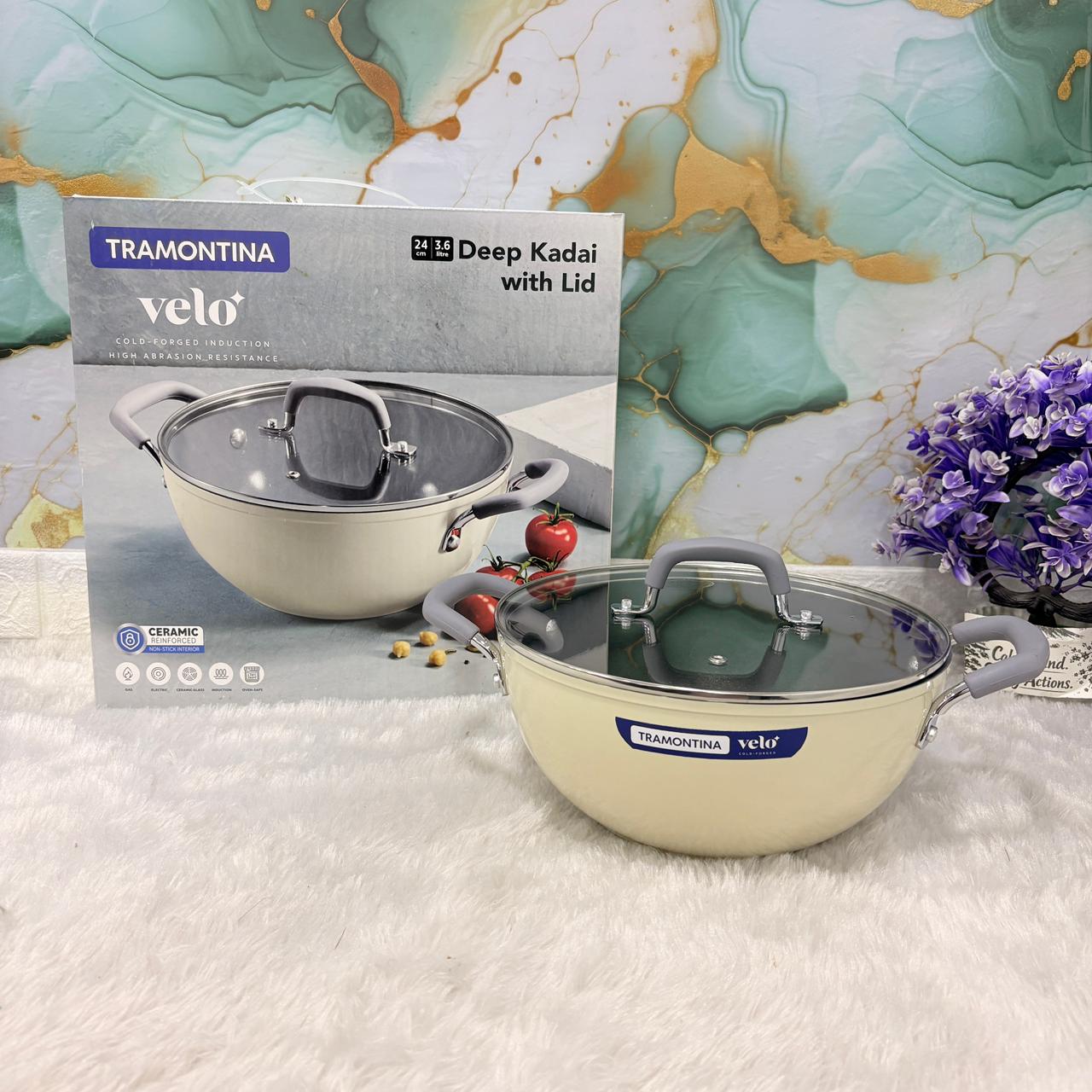 AM7386 Tramontina Velo Forged Deep Kadai with Glass Lid - 24 cm (Sand)