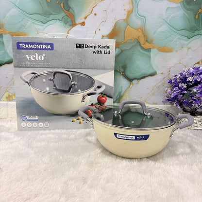 AM7386 Tramontina Velo Forged Deep Kadai with Glass Lid - 24 cm (Sand)