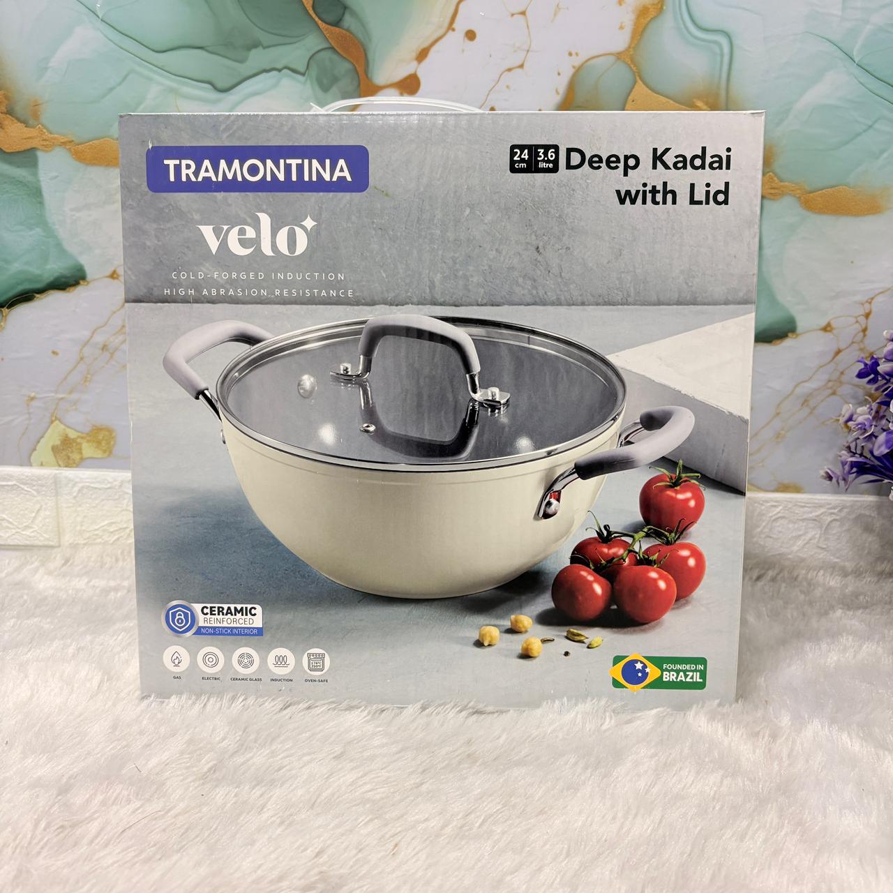 AM7386 Tramontina Velo Forged Deep Kadai with Glass Lid - 24 cm (Sand)