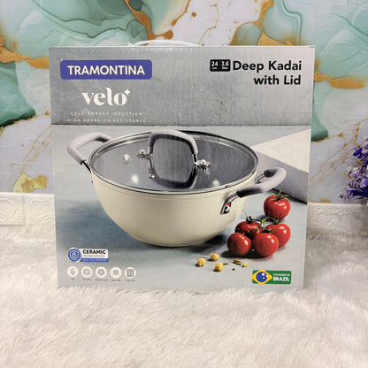 AM7386 Tramontina Velo Forged Deep Kadai with Glass Lid - 24 cm (Sand)