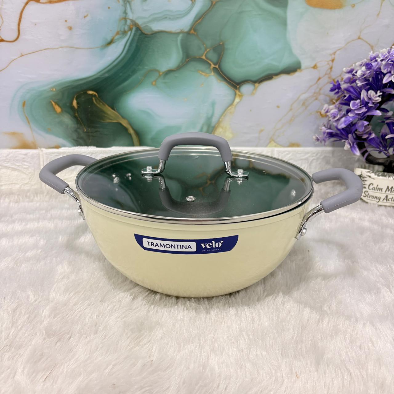 AM7386 Tramontina Velo Forged Deep Kadai with Glass Lid - 24 cm (Sand)