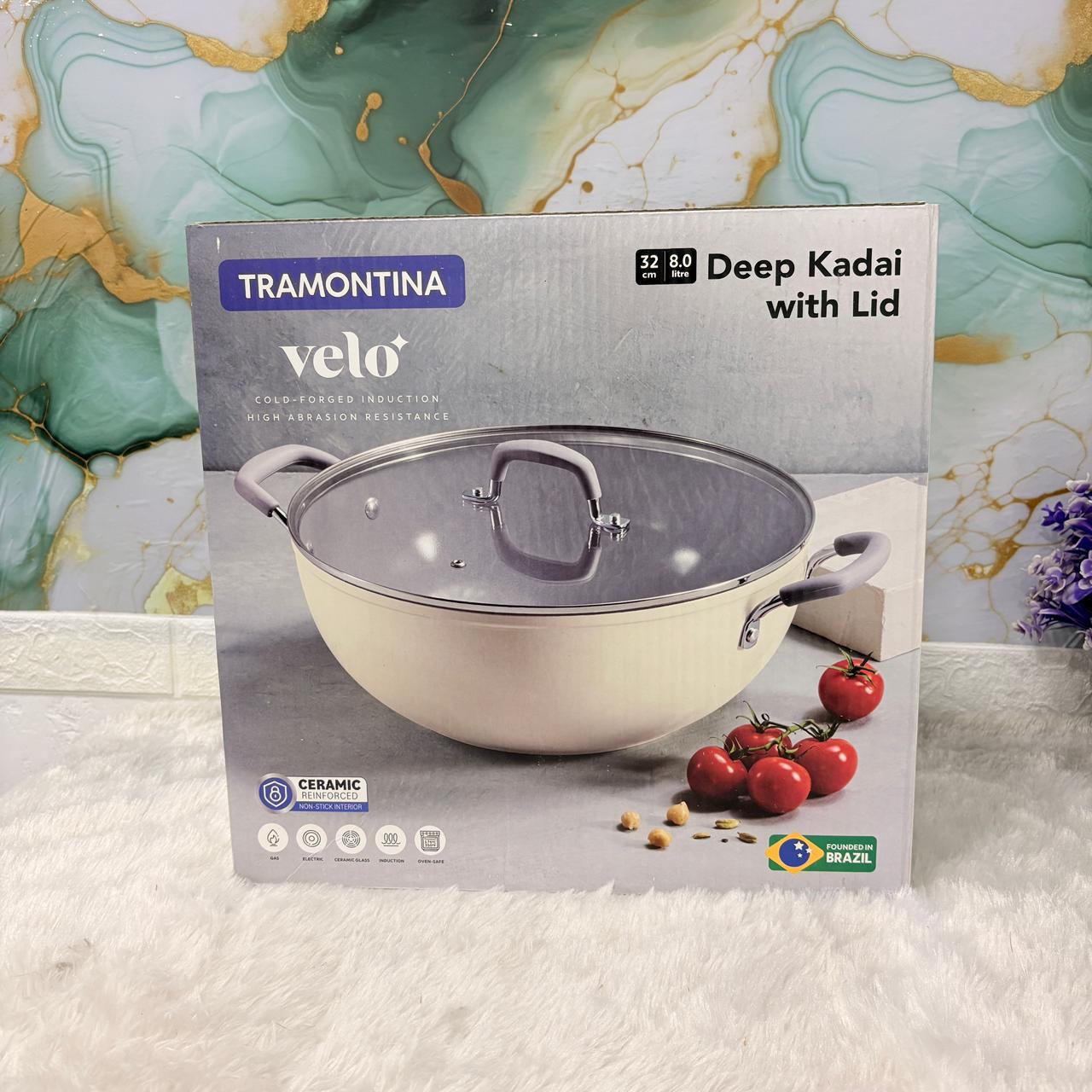 AM7388 Tramontina Velo Forged Deep Kadai with Glass Lid - 32cm (Sand)