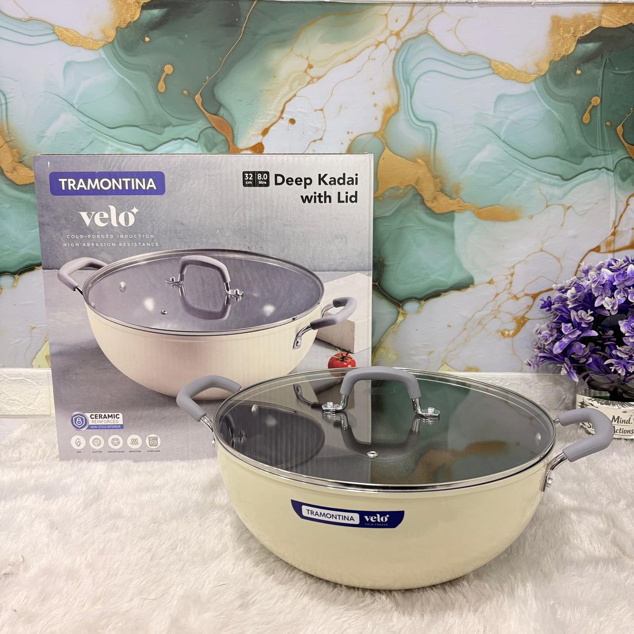 AM7388 Tramontina Velo Forged Deep Kadai with Glass Lid - 32cm (Sand)