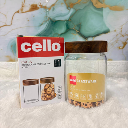 AM7438 Cello Cacia Borosilicate Glass Storage Jar with Wooden Lid, 900ml