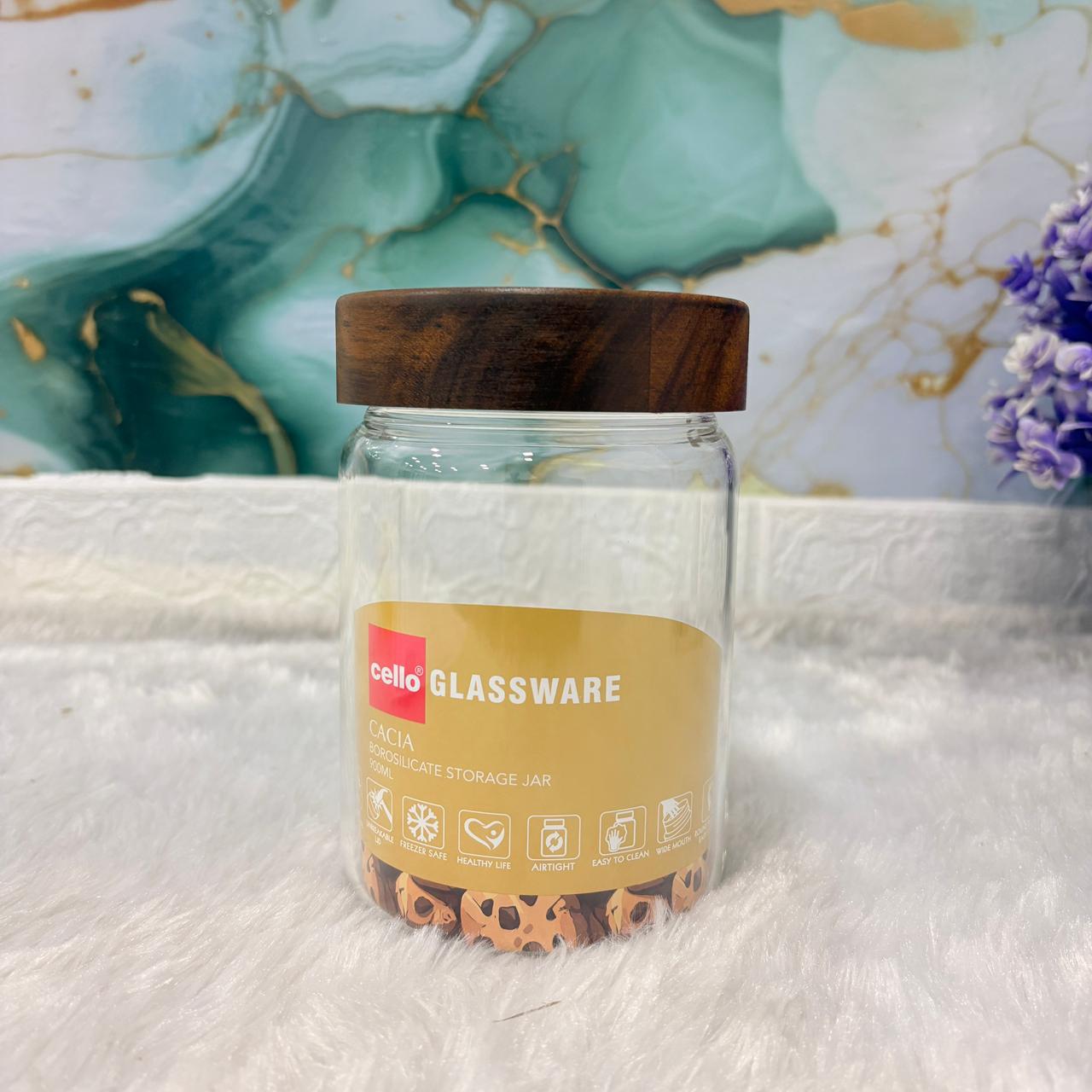 AM7438 Cello Cacia Borosilicate Glass Storage Jar with Wooden Lid, 900ml