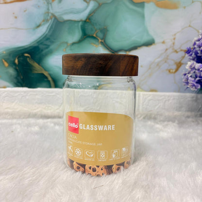 AM7438 Cello Cacia Borosilicate Glass Storage Jar with Wooden Lid, 900ml