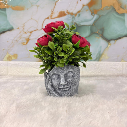 AM7451 Artificial Red Rose Plant in Meditating Face Decorative Resin Pot