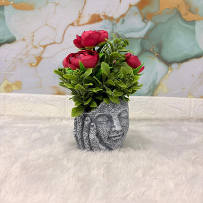 AM7451 Artificial Red Rose Plant in Meditating Face Decorative Resin Pot