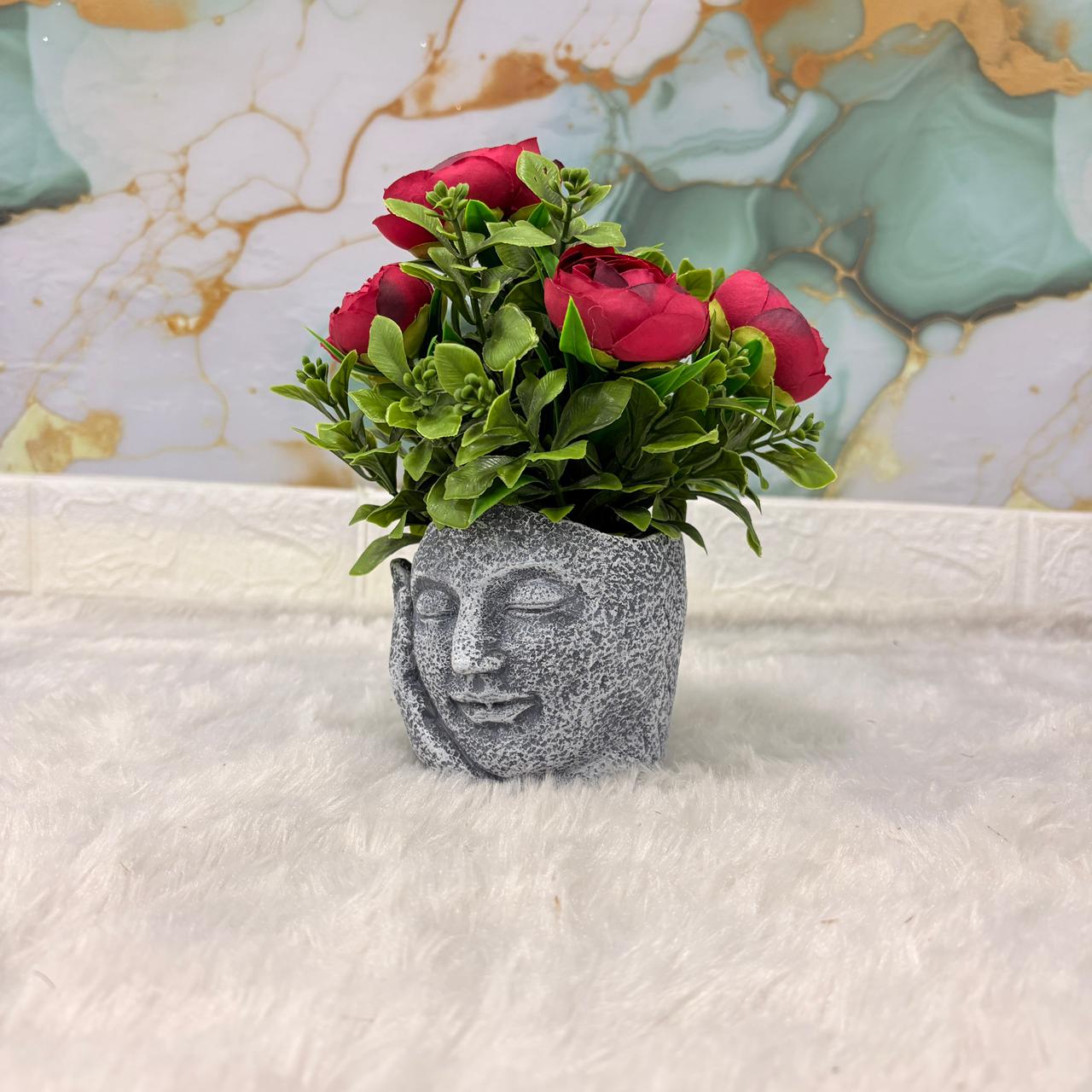 AM7451 Artificial Red Rose Plant in Meditating Face Decorative Resin Pot