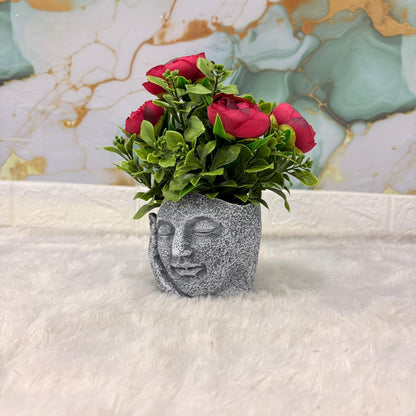 AM7451 Artificial Red Rose Plant in Meditating Face Decorative Resin Pot