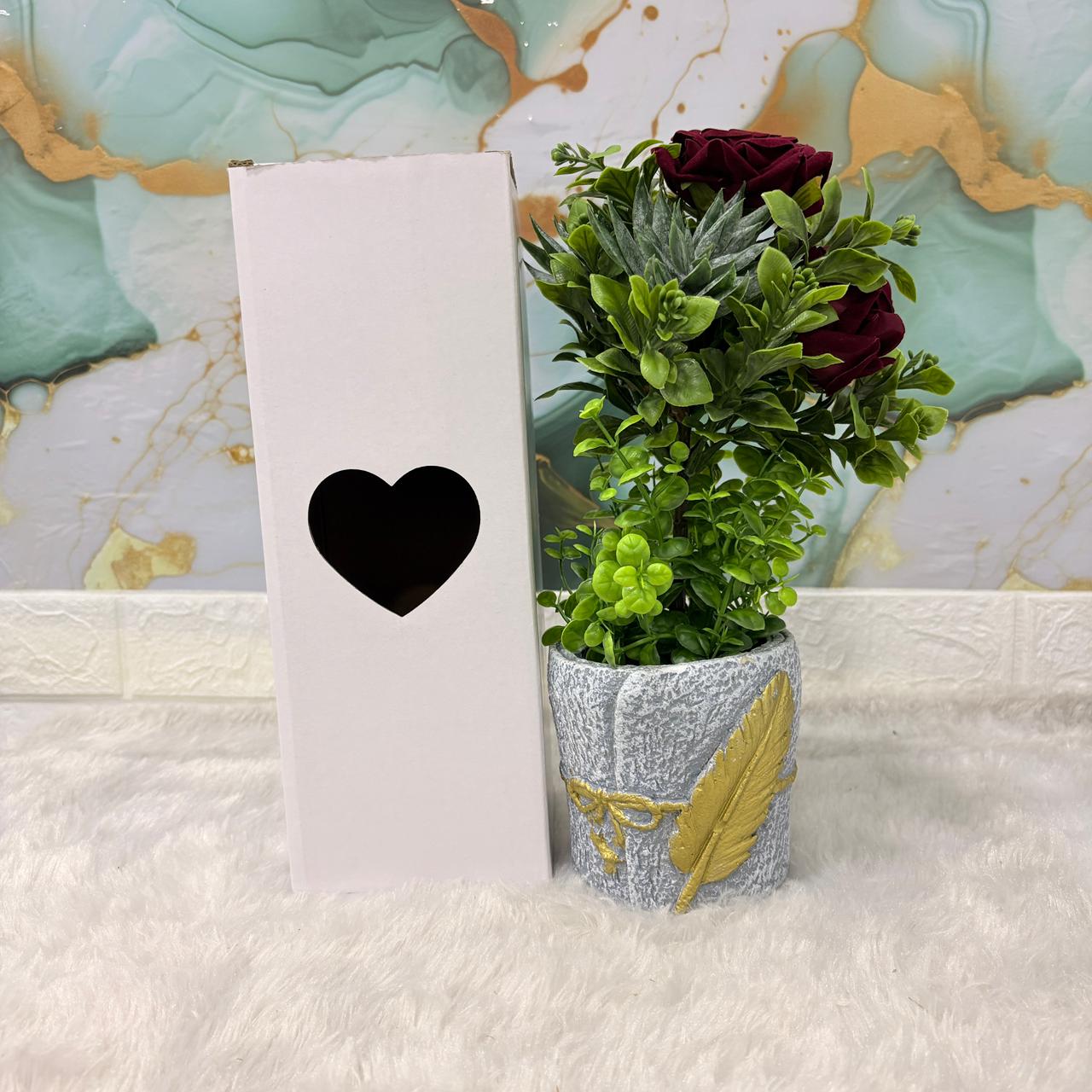 AM7452 Artificial Dark Red Rose & Mixed Greenery in Golden Feather Textured Pot