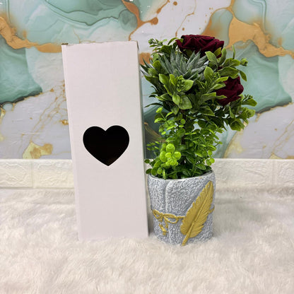 AM7452 Artificial Dark Red Rose & Mixed Greenery in Golden Feather Textured Pot