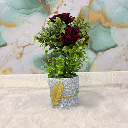 AM7452 Artificial Dark Red Rose & Mixed Greenery in Golden Feather Textured Pot