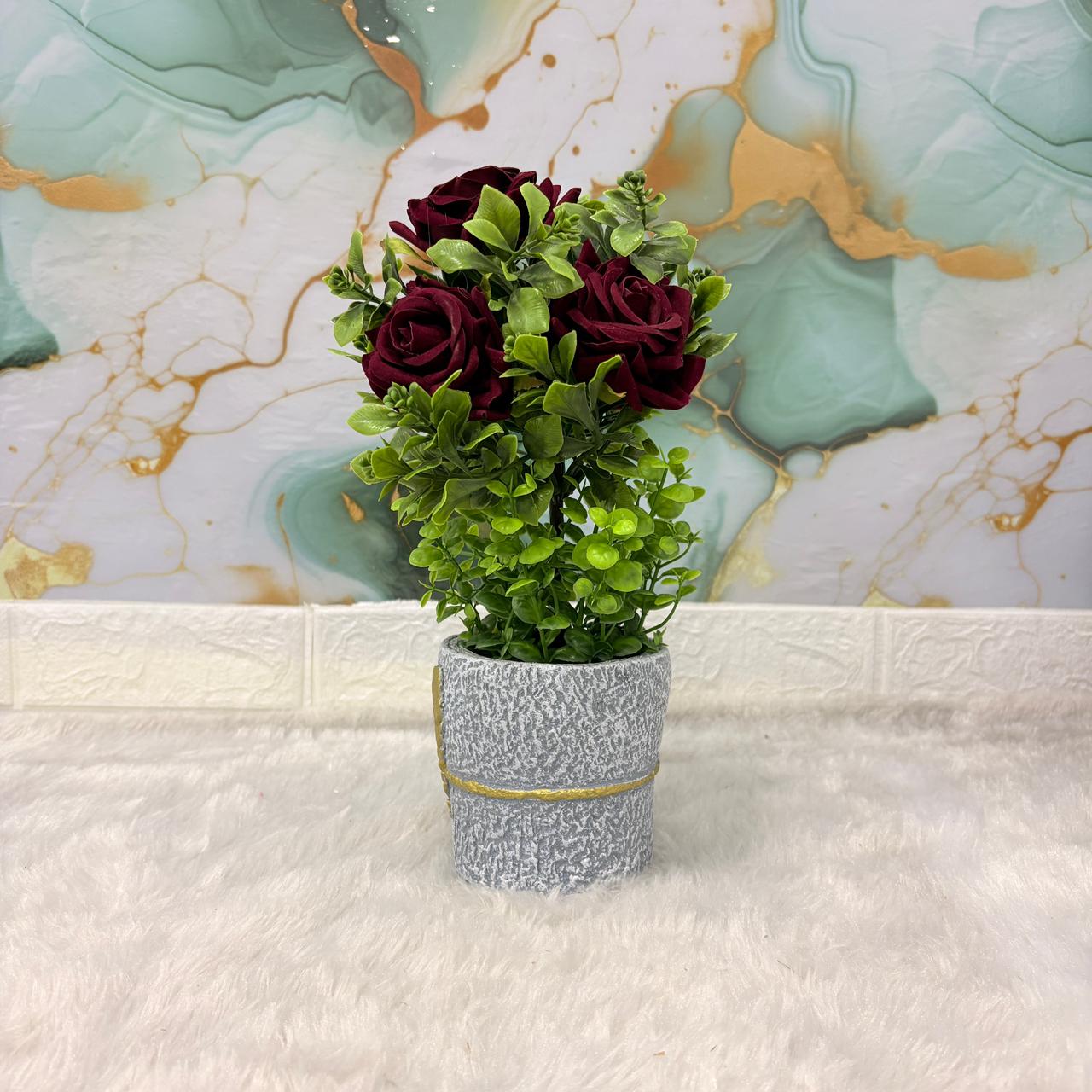 AM7452 Artificial Dark Red Rose & Mixed Greenery in Golden Feather Textured Pot