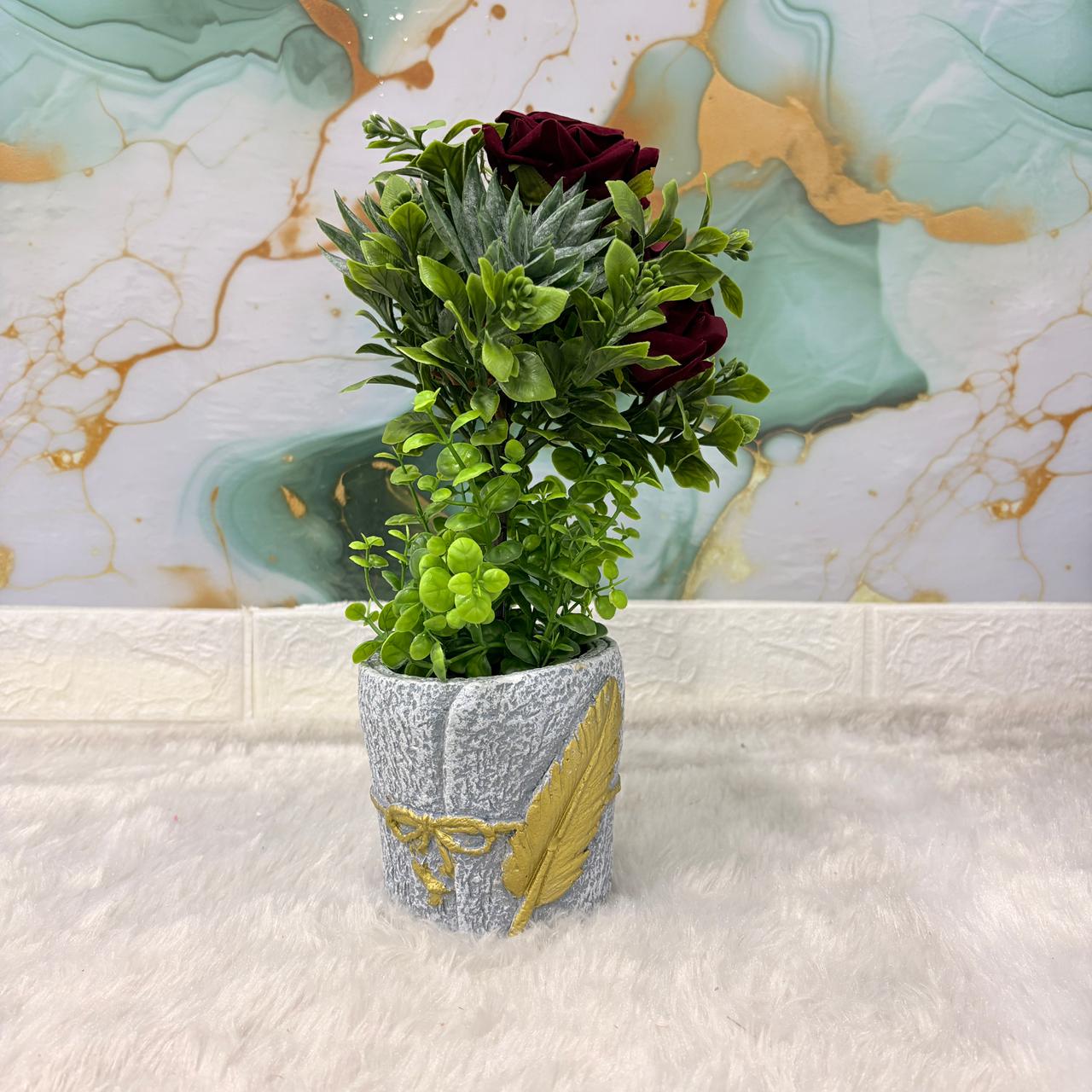 AM7452 Artificial Dark Red Rose & Mixed Greenery in Golden Feather Textured Pot