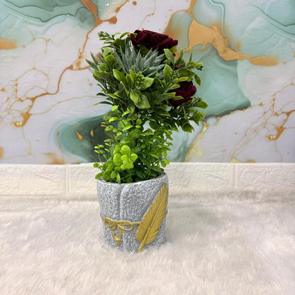 AM7452 Artificial Dark Red Rose & Mixed Greenery in Golden Feather Textured Pot