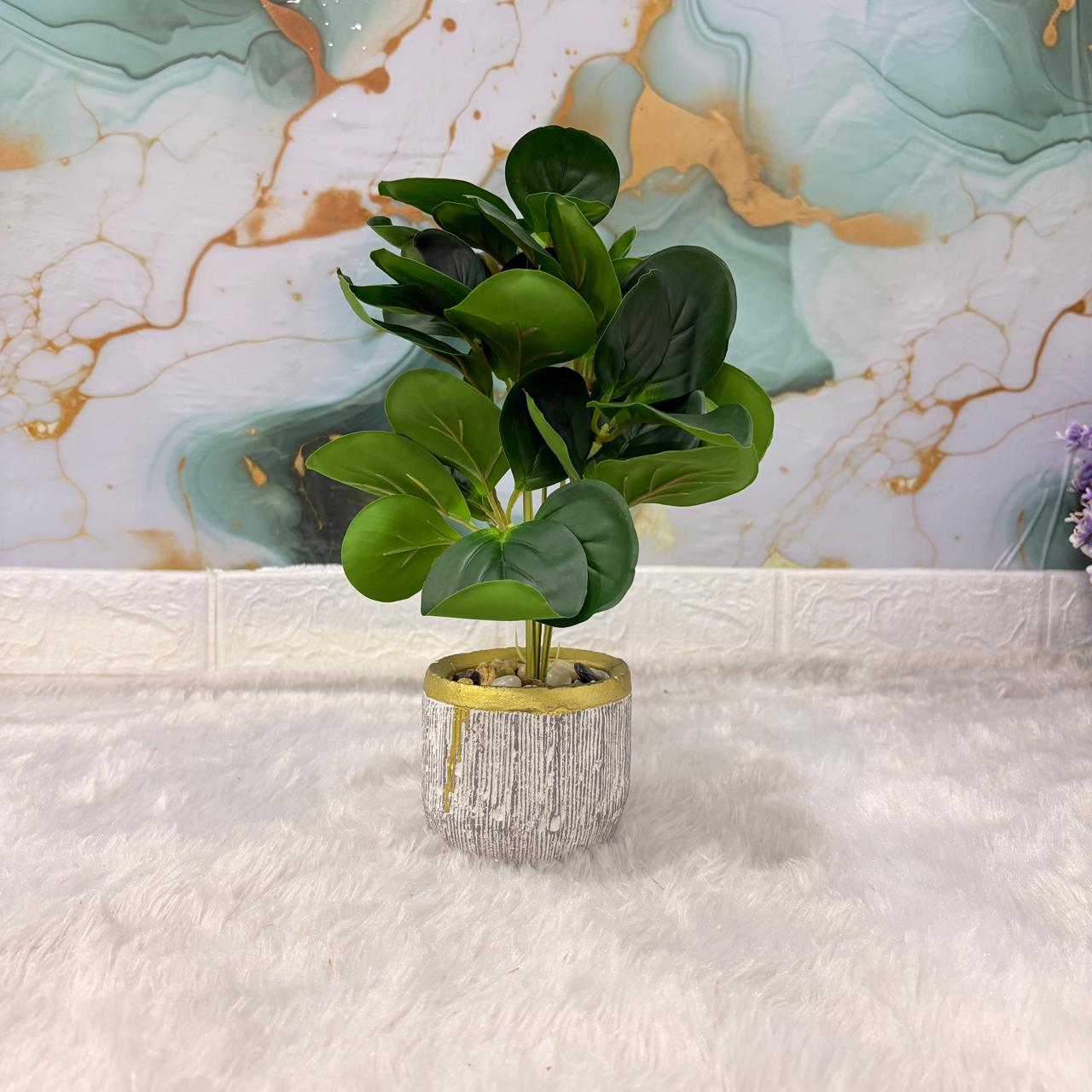 AM7453 Artificial Eucalyptus Money Plant in Gold-Rimmed Textured Pot