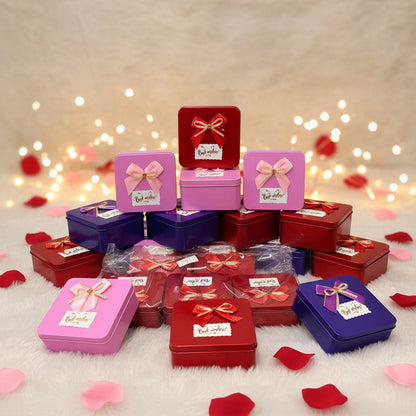 AM7457 Square Metal Gift Tin Box with Decorative Bow and "Best Wishes" Label
