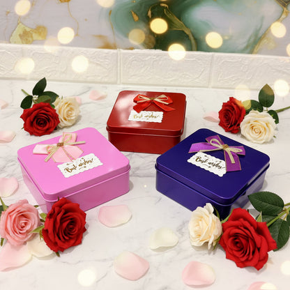 AM7457 Square Metal Gift Tin Box with Decorative Bow and "Best Wishes" Label