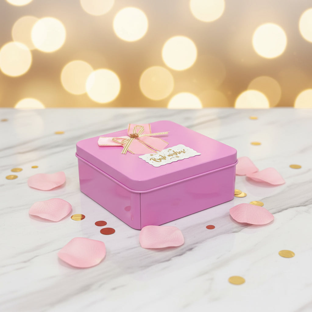 AM7457 Square Metal Gift Tin Box with Decorative Bow and "Best Wishes" Label